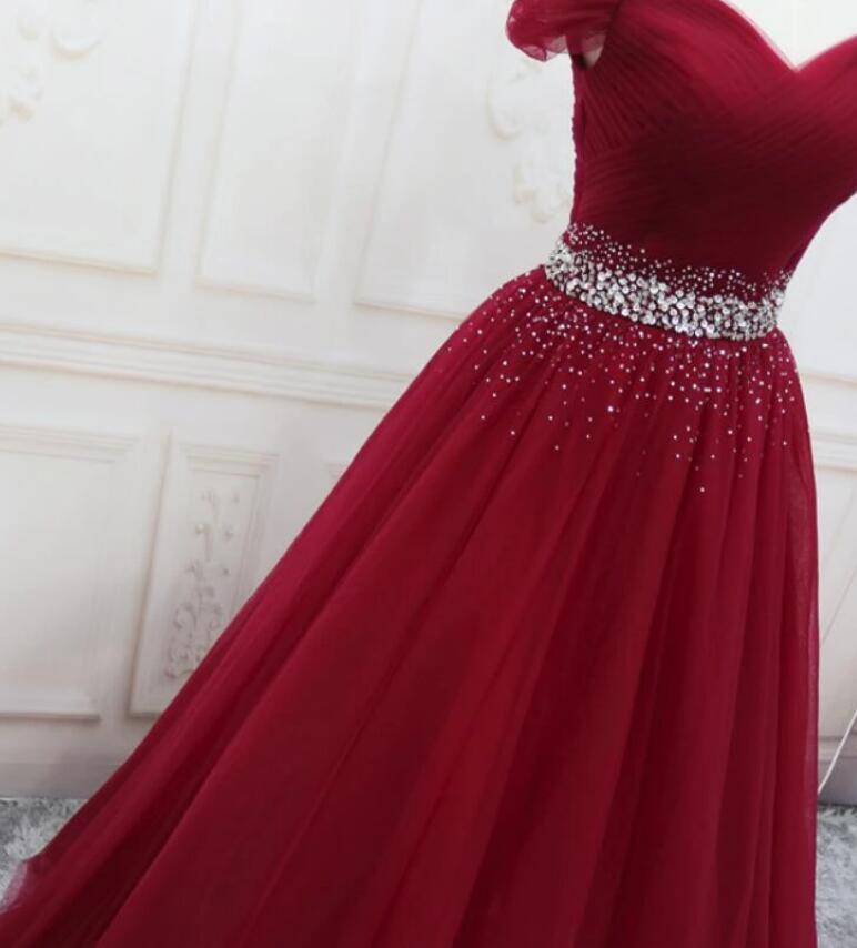 Burgundy / Bright Pink Off Shoulder Beaded Belt Long Tulle Ball Gown Prom Dresses