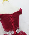Burgundy / Bright Pink Off Shoulder Beaded Belt Long Tulle Ball Gown Prom Dresses