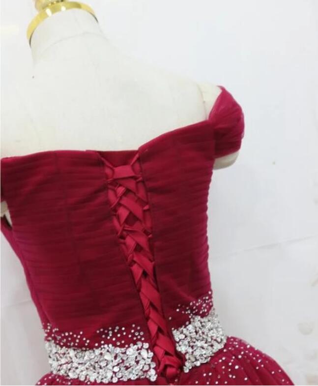 Burgundy / Bright Pink Off Shoulder Beaded Belt Long Tulle Ball Gown Prom Dresses