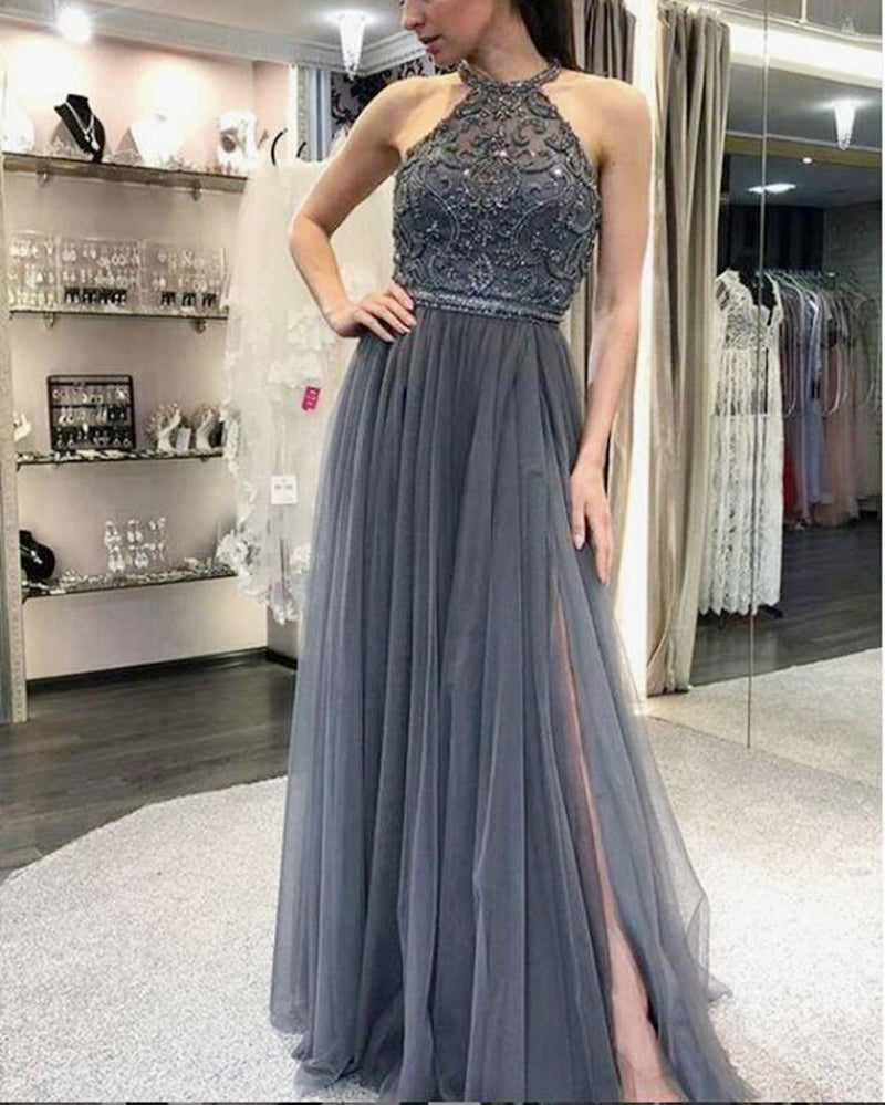 New Halter Women Gray Tulle Stones Beaded Long Prom Dresses 2020 Slit Leg  PL6321
