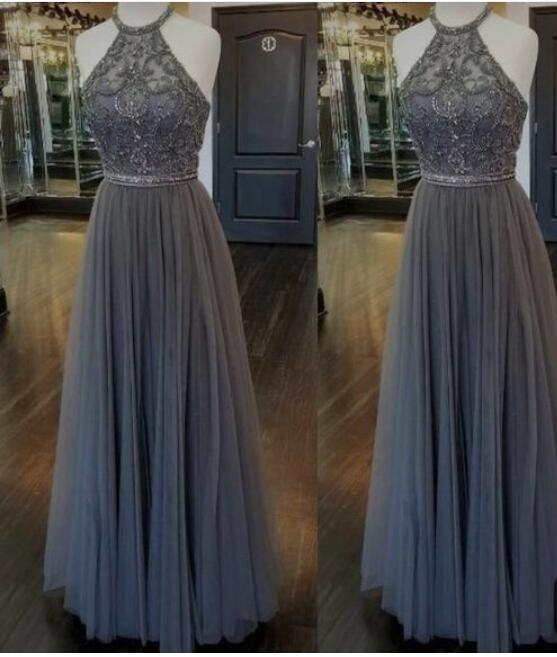 New Halter Women Gray Tulle Stones Beaded Long Prom Dresses 2020 Slit Leg  PL6321
