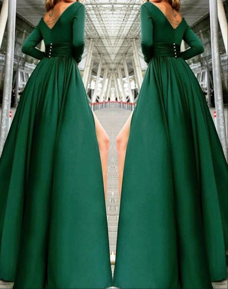 Sexy Long Sleeves Evening Party Dress with Slit Formal Gown