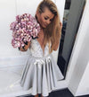 Cute V Neck Lace Gray Short Prom Gown Junior Graduation Homecoming Party Dresses for Girls SP1118