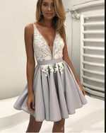 Cute V Neck Lace Gray Short Prom Gown Junior Graduation Homecoming Party Dresses for Girls SP1118