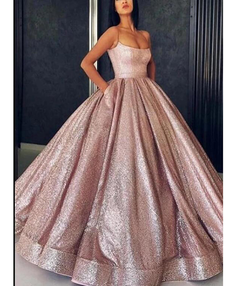 Rose Gold Ball Gown Sequins Women Evening Formal Dresses with Spaghetti Straps LP1131