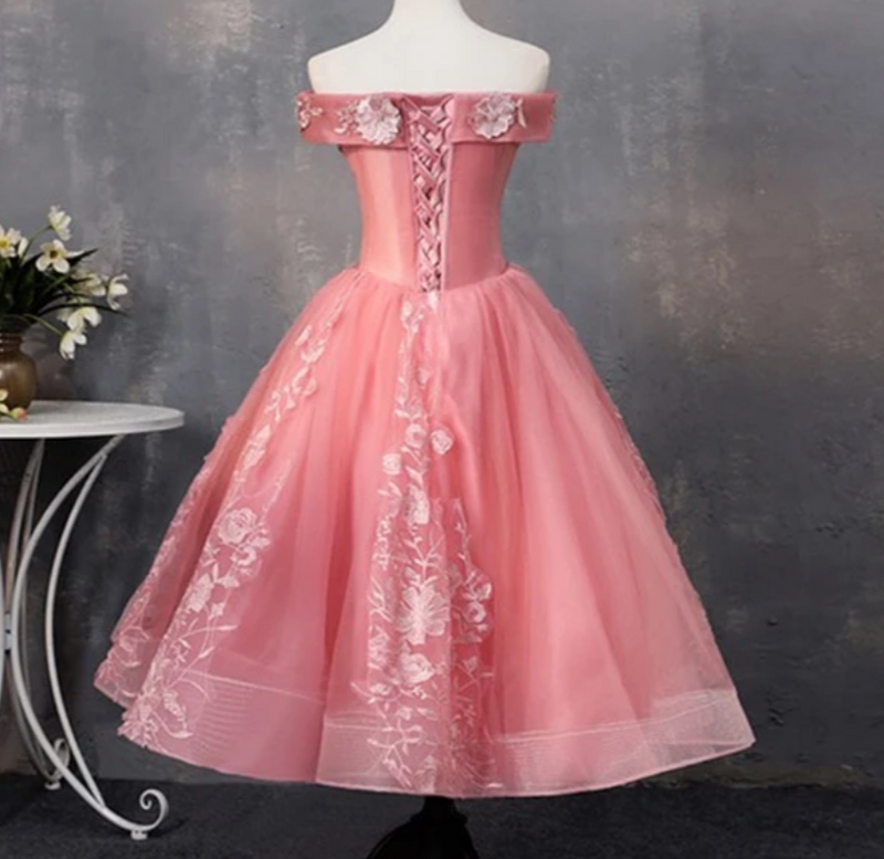 Off the Shoulder Lace Pink Short Prom Ball Gown Wedding Party Dress Dresses SP1171