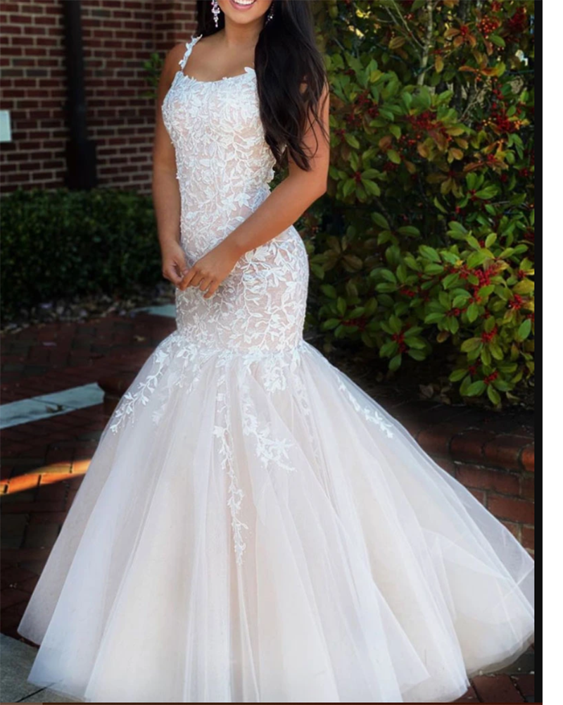 On sale Ivory/champagne Two Tune Mermaid/Trumpet Prom dresses Lace Long with Straps