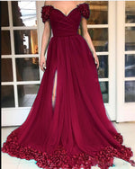 Off Shoulder 3D Handamde Flowers Women Formal Outfits Long Prom Evening Dress with Split