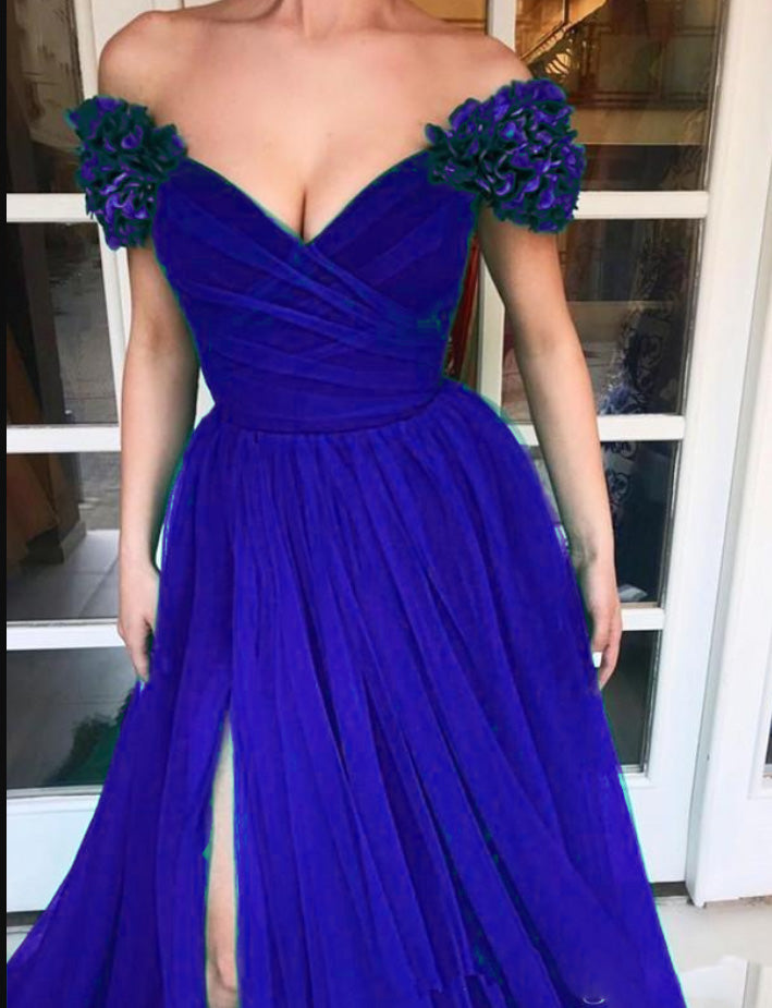 Off Shoulder 3D Handamde Flowers Women Formal Outfits Long Prom Evening Dress with Split