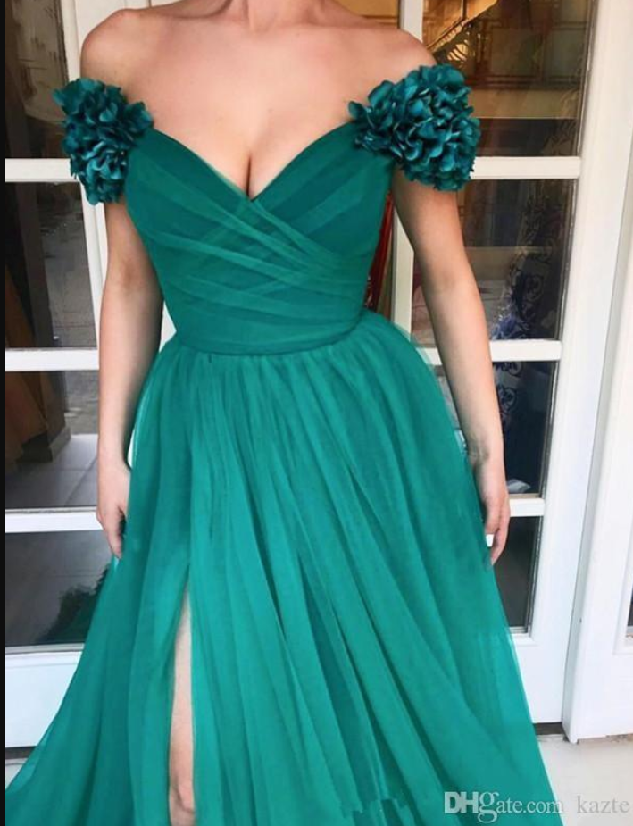 Off Shoulder 3D Handamde Flowers Women Formal Outfits Long Prom Evening Dress with Split