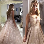 Gorgeous Burgundy /Rose Gold Sequined Prom Formal Dresses 2022 V Neck Sparkling Sequin A-line Backless Prom Party Dresses Robe De Soiree LP1221