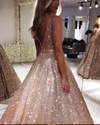 Gorgeous Burgundy /Rose Gold Sequined Prom Formal Dresses 2022 V Neck Sparkling Sequin A-line Backless Prom Party Dresses Robe De Soiree LP1221