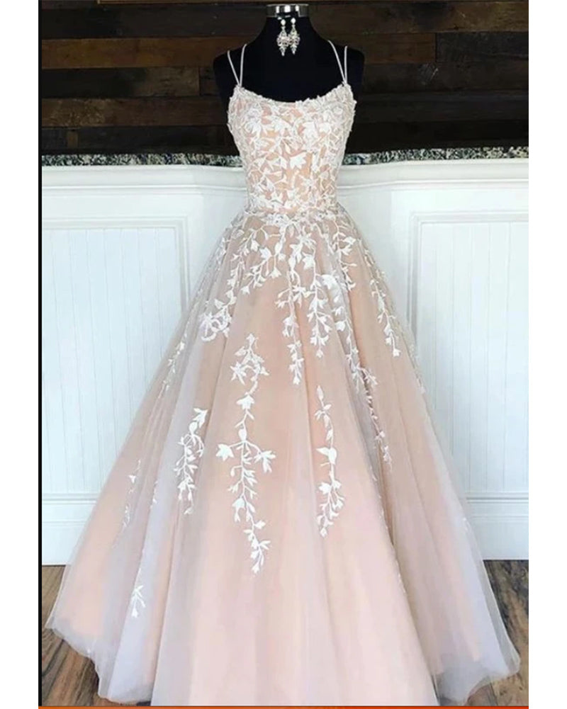 Fashion Lace up Back Long Prom Dress with Applique Lace, Long Formal Evening Dress