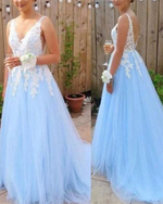 Light blue Open Back Long Prom Dress With Applique, Popular Tulle Evening Dress ,Fashion Winter Formal Dress