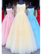 Fancy Spaghetti Straps Long Grils Yellow Graduation Senior Lace Prom Dresses  2022 PL8714