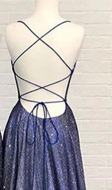 Glitter Purple Prom Dresses Long 2023 With Pockets Spaghetti Strap Formal Gown Lace Up Back