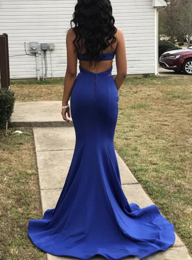 Royal Blue Halter Neck Mermaid Prom Gown, Ruched Satin Formal Prom Dress with Beaded