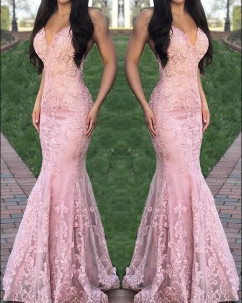 Amazing V Neck Senior Girls Mermaid /Truppet Spaghetti Straps Lace Formal Prom Dress Long