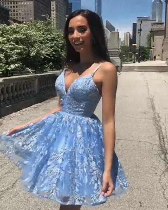 Light Blue Spaghetti Straps Short lace Prom Dress Homecoming Gown SP0316