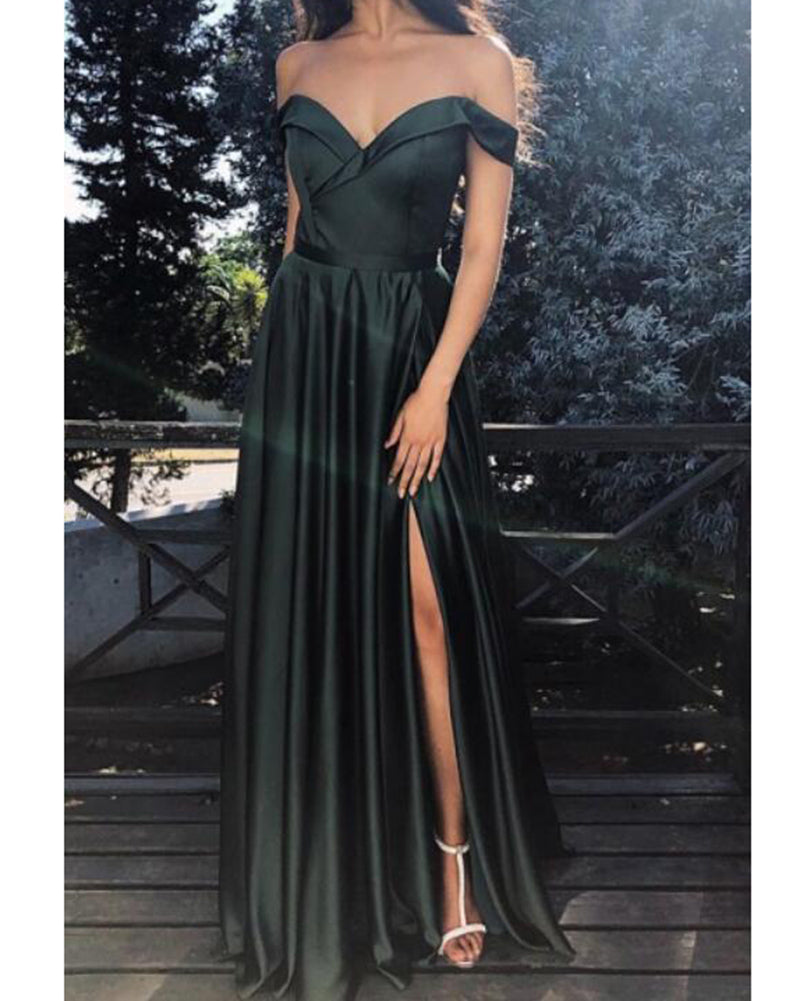 Elegant Olive Dark Green Off Shoulder Long Women Long Formal Wear Prom Dress with Sexy Split LP0317