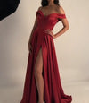 Elegant Olive Dark Green Off Shoulder Long Women Long Formal Wear Prom Dress with Sexy Split LP0317