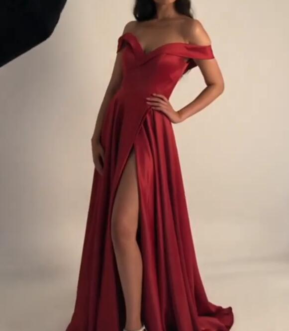 Elegant Olive Dark Green Off Shoulder Long Women Long Formal Wear Prom Dress with Sexy Split LP0317