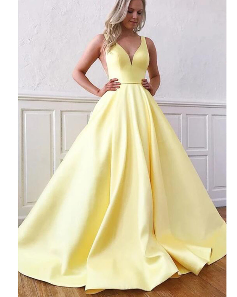Yellow Long Satin Deep V Neck A Line Girls Formal Prom Gowns 2022 PL03311