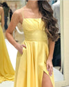 Yellow Formal Evening Gowns With Straps Girls Senior Prom Wear with High Split