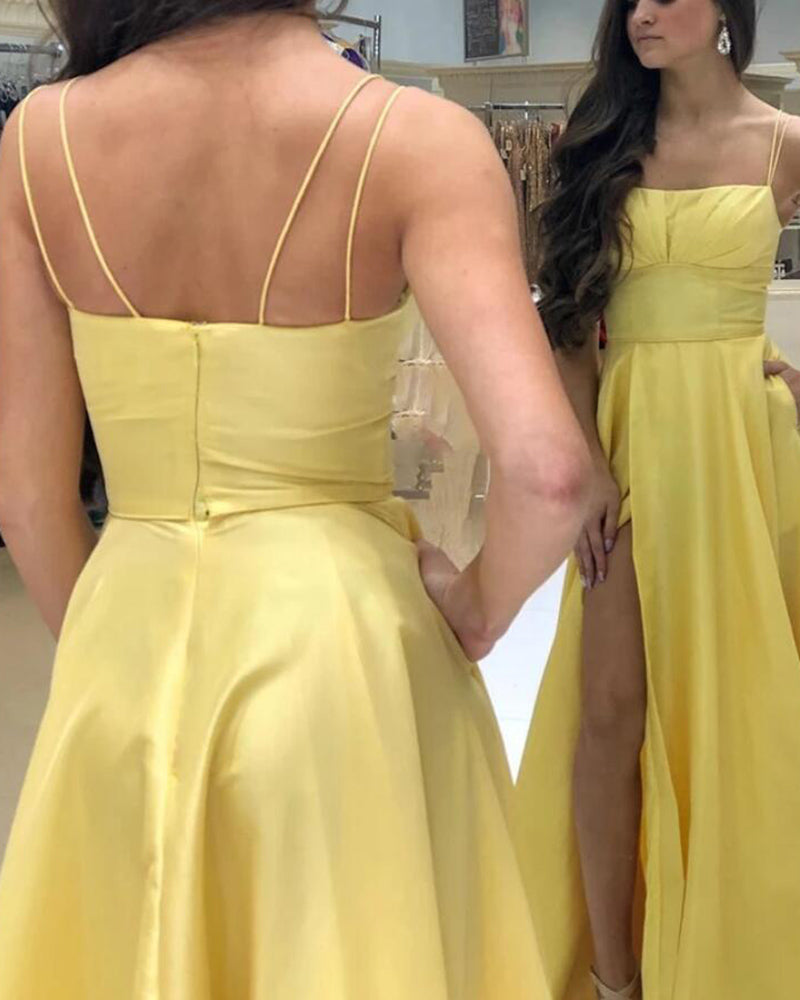 Yellow Formal Evening Gowns With Straps Girls Senior Prom Wear with High Split