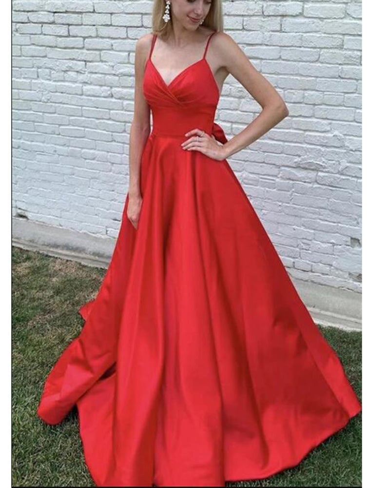 Red Women Long Satin Evenning Party Gown With Spaghetti Straps