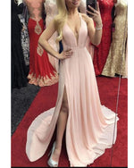 Blush Pink Sexy V Neck Long Chiffon Evening Prom Dresses with Slit  2020