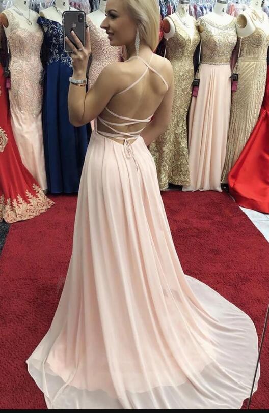Blush Pink Sexy V Neck Long Chiffon Evening Prom Dresses with Slit  2020