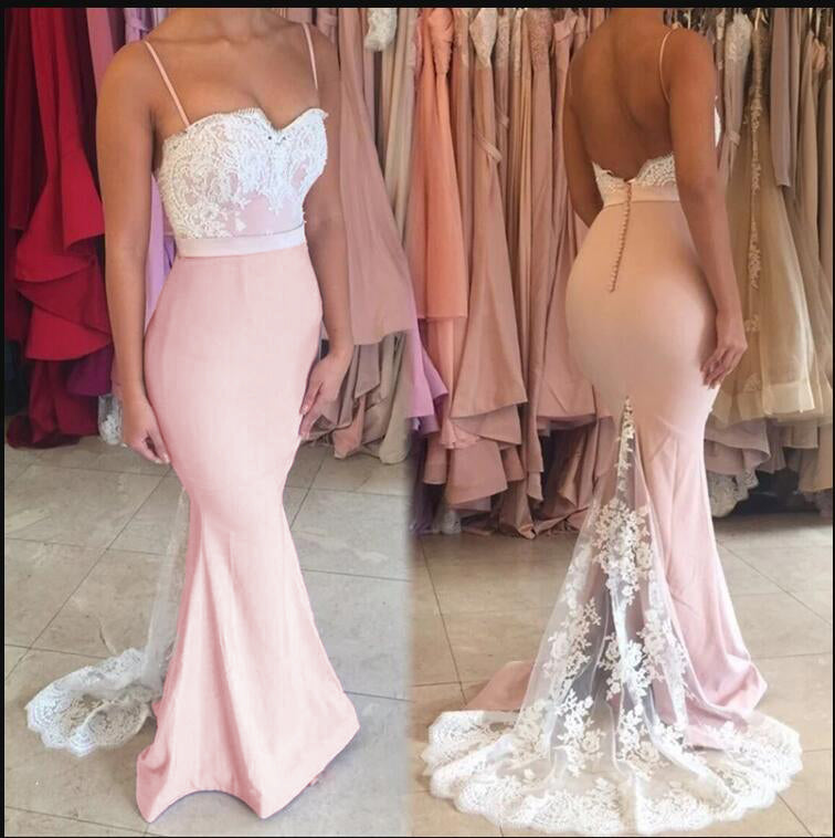 Spaghetti Mermaid Pink and White Lace Bridesmaid dress Long Evening Party Gowns
