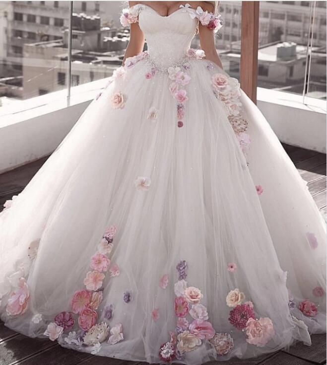 Pink/White Off Shoulder Ball Gown Floral /flowers Wedding Dress Girls Sweet 16 quinceanera Gown First Debutante Gown