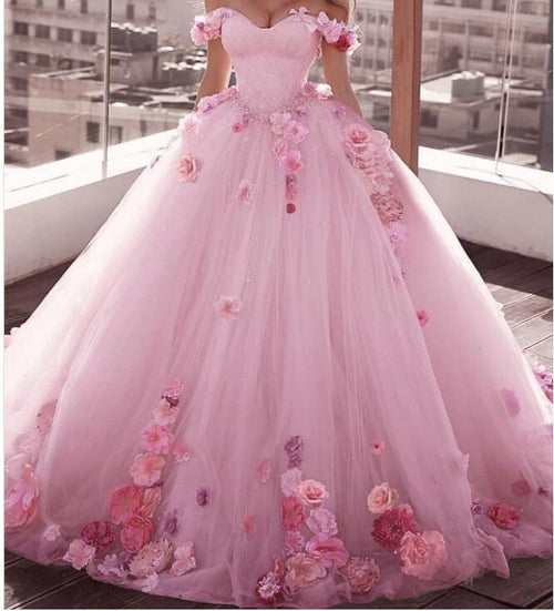 Pink/White Off Shoulder Ball Gown Floral /flowers Wedding Dress Girls Sweet 16 quinceanera Gown First Debutante Gown