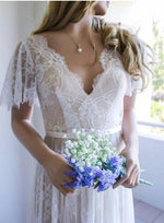 Elegant V Neck Boho Summer Cap Sleeves Lace Wedding Dresses Beach Bridal Gowns WD0428