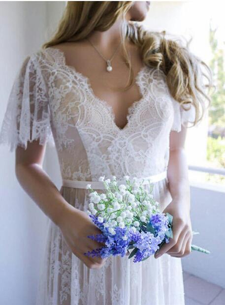 Elegant V Neck Boho Summer Cap Sleeves Lace Wedding Dresses Beach Bridal Gowns WD0428