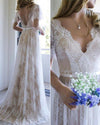 Elegant V Neck Boho Summer Cap Sleeves Lace Wedding Dresses Beach Bridal Gowns WD0428