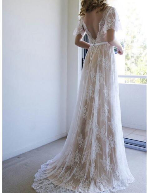 Elegant V Neck Boho Summer Cap Sleeves Lace Wedding Dresses Beach Bridal Gowns WD0428