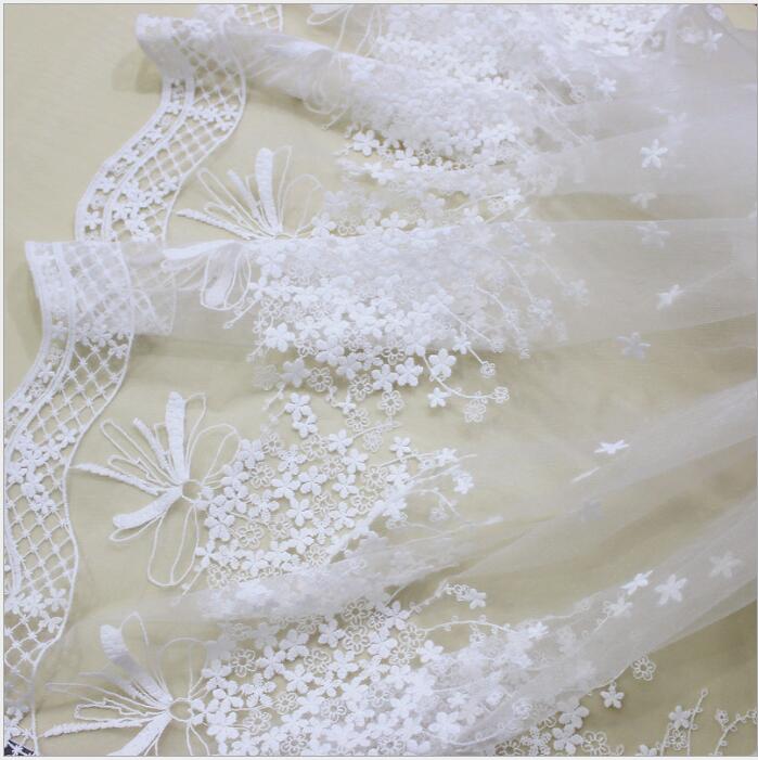 Embroidery Lace Tulle White Fabric for wedding Dress / Casual Dress DIY Cloth