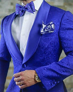 Royal Blue Jacquard Floral Wedding Suit for men Groom tuxedo 2 Pieces (blazer +black pants))
