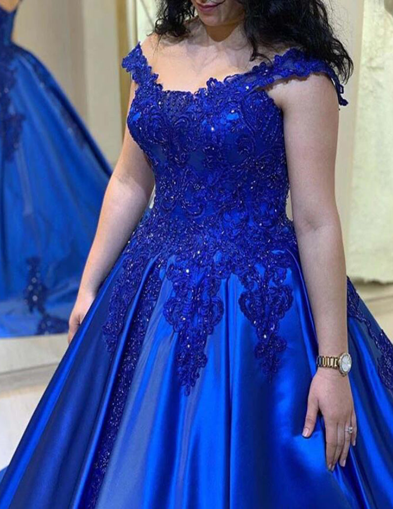 Royal Blue Lace Ball Gown Women Formal Wedding Party Gowns Evening Wear Dress 2022 PL0512