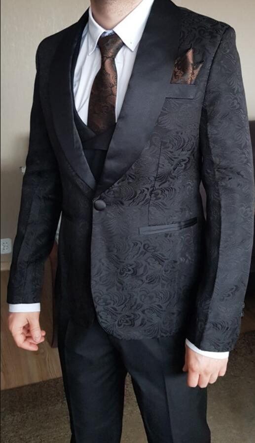 Royal Blue Jacquard Floral Wedding Suit for men Groom tuxedo 2 Pieces (blazer +black pants))
