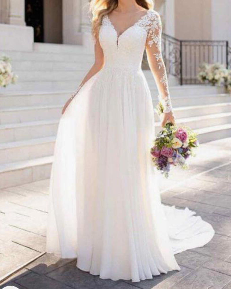WD05171 Chiffon Long Sleeves Beach Wedding Dress 2020 Women Bridal Lace Gown