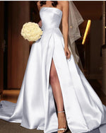 Elegant Strapless Ivory Satin Wedding Dress with Split WD0524