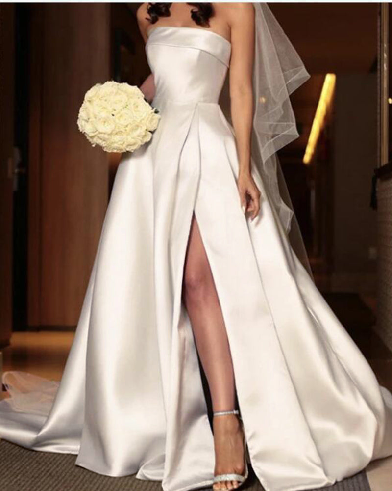 Elegant Strapless Ivory Satin Wedding Dress with Split WD0524