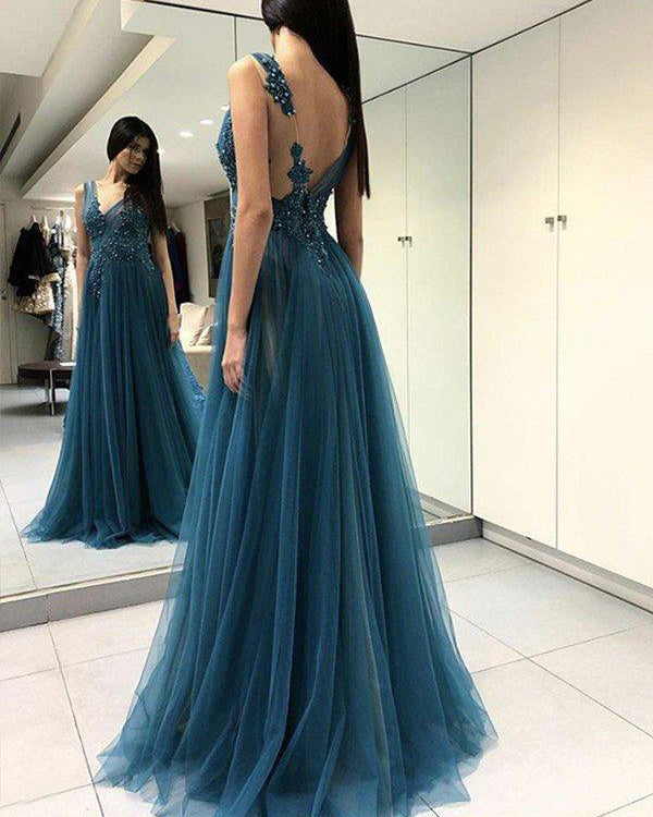 Teal Blue Tulle Lace Slit Formal Evening Gowns for Women Long Formal D Siaoryne Teal Blue Tulle Lace Slit Formal Evening Gowns for Women Long Formal D Siaoryne