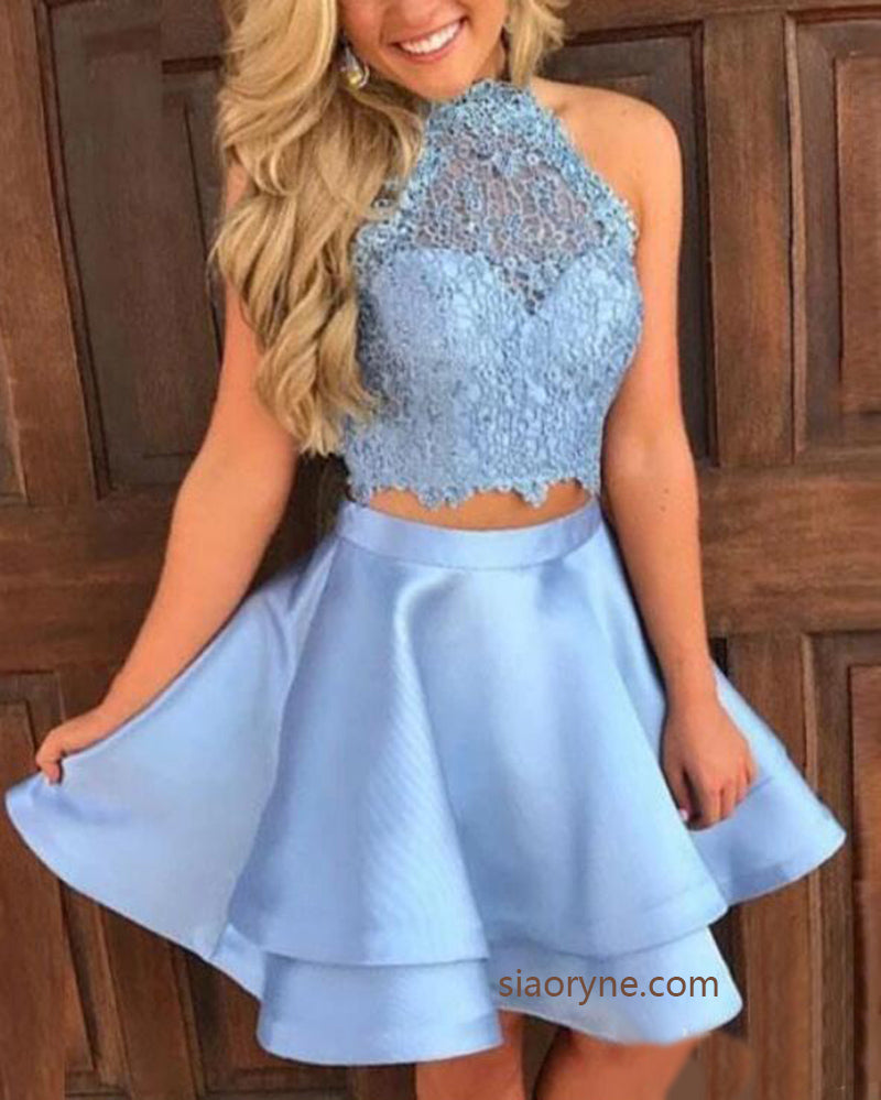 Lovely Crop Top Blue Lace Short Graduation Dress for School Girls  Cocktail Homecoming Gown ,Grad Dress 2022
