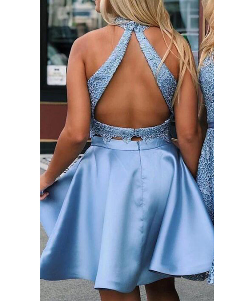 Lovely Crop Top Blue Lace Short Graduation Dress for School Girls  Cocktail Homecoming Gown ,Grad Dress 2022
