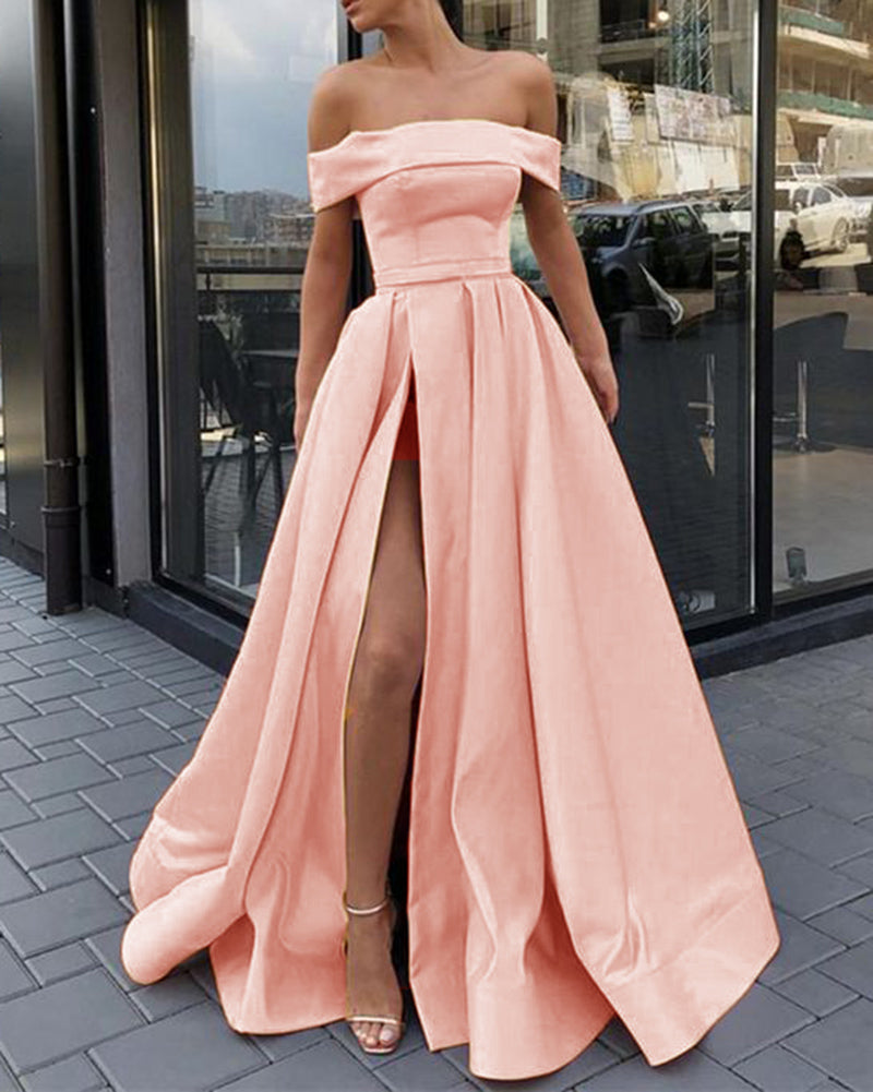 Elegant A Line Satin Peach Color Long Prom Dress  Off The Shoulder Slit Party Gown LP06021